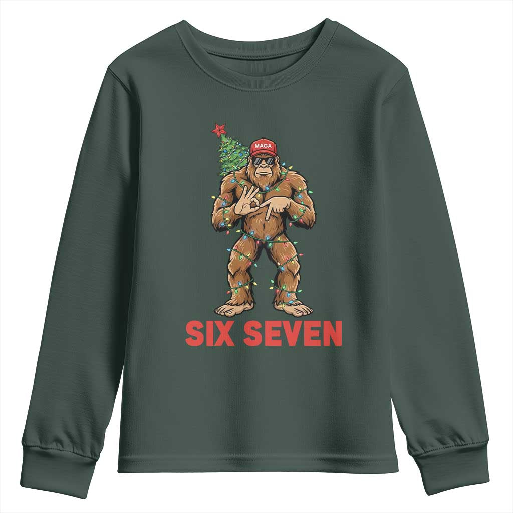 67 Six Seven Youth Sweatshirt Funny Bigfoot Trump Support Christmas TS14 Dark Forest Green Print Your Wear