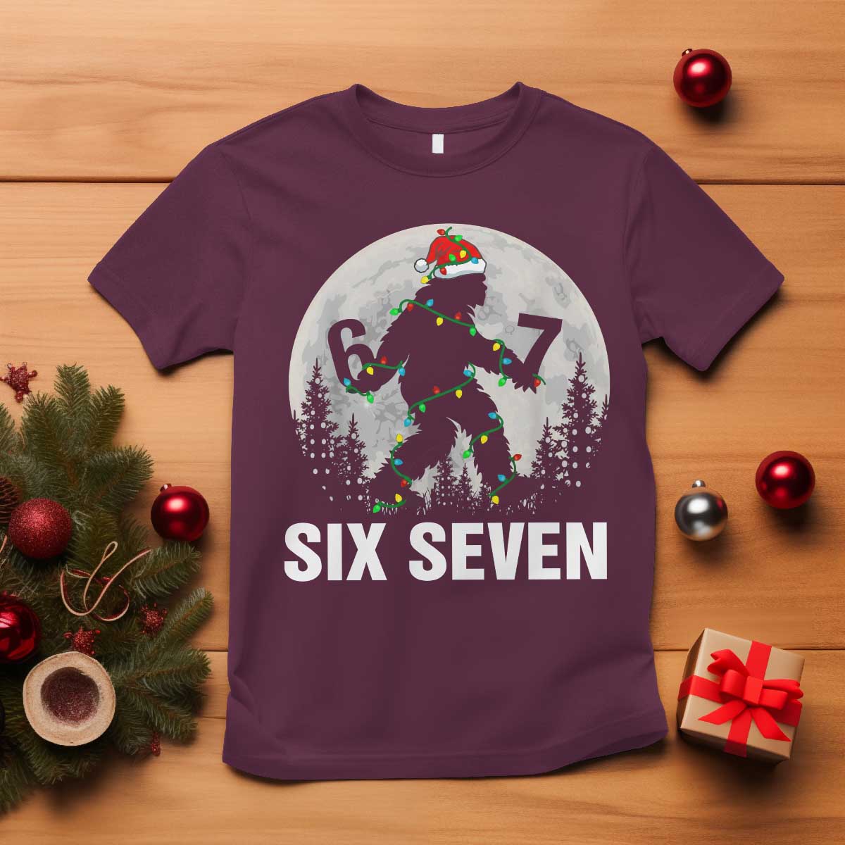 67 Six Seven T Shirt Funny Bigfoot Christmas Sasquatch Moon TS14 Maroon Print Your Wear