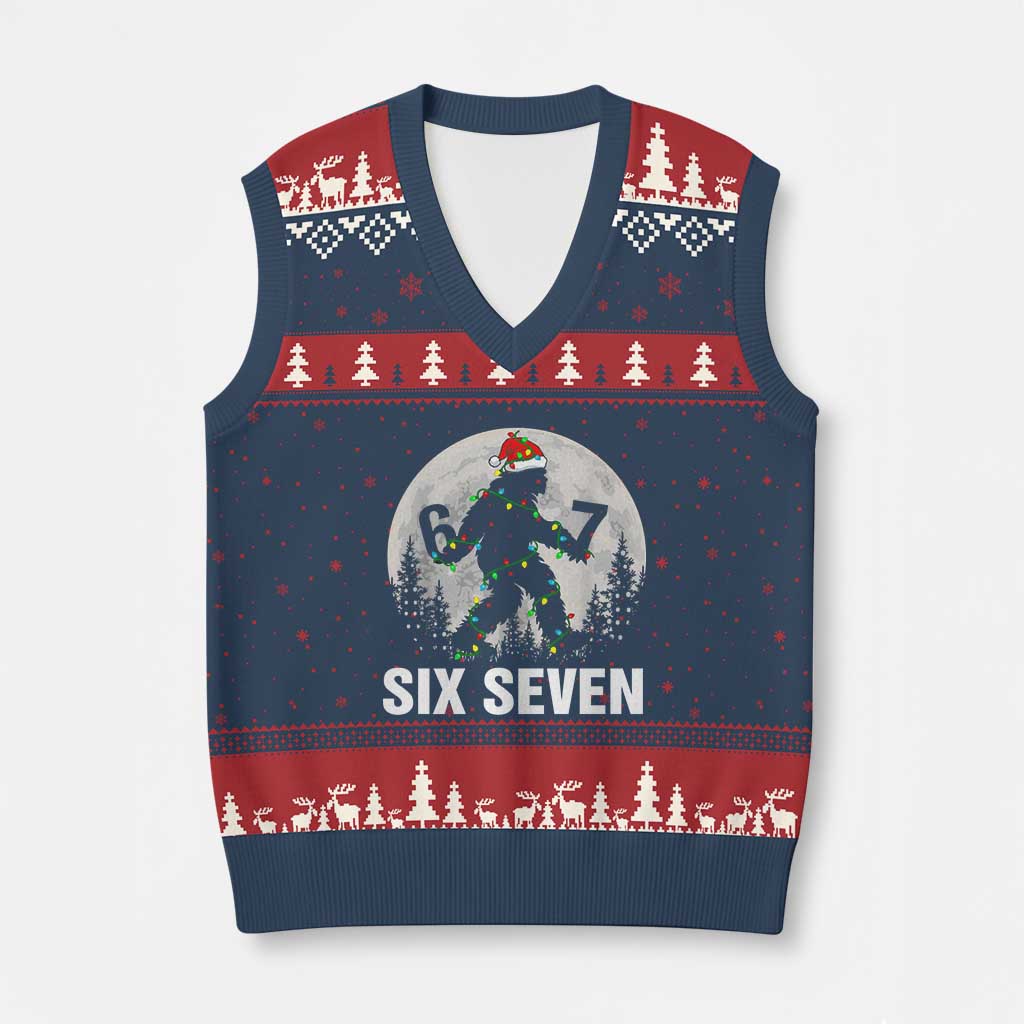 67 Six Seven V-Neck Knit Sweater Vest Funny Bigfoot Xmas Sasquatch Moon TS14 Navy Red Print Your Wear