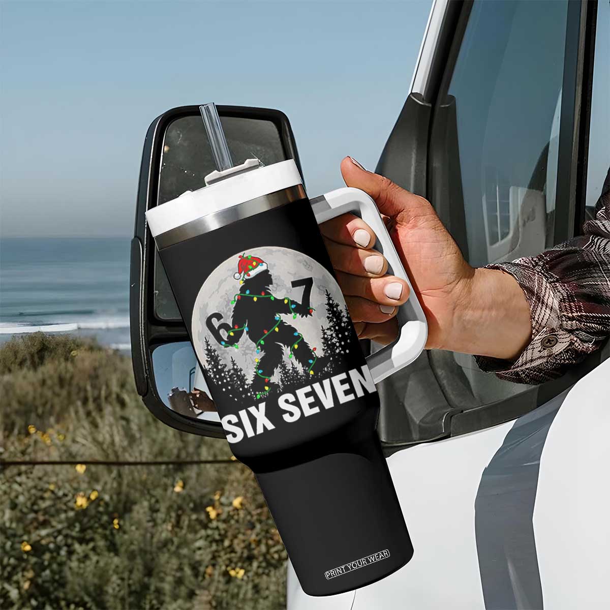 67 Six Seven Tumbler With Handle Funny Bigfoot Christmas Sasquatch Moon TS14 Print Your Wear