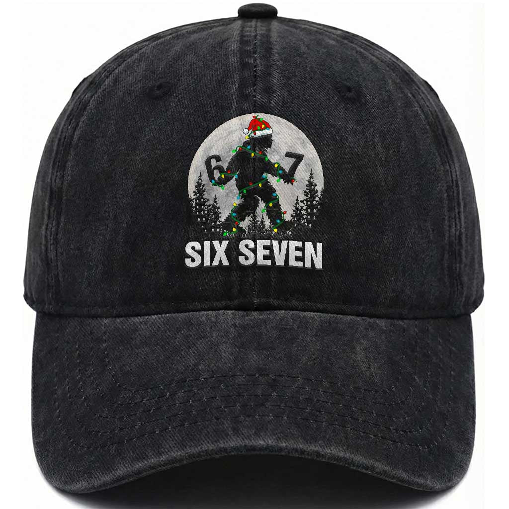 67 Six Seven Washed Cotton Baseball Cap Funny Bigfoot Christmas Sasquatch Moon TS14 Washed Cap Universal Fit Black Print Your Wear