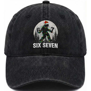 67 Six Seven Washed Cotton Baseball Cap Funny Bigfoot Christmas Sasquatch Moon TS14 Washed Cap Universal Fit Black Print Your Wear