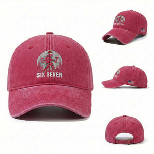 67 Six Seven Washed Cotton Baseball Cap Funny Bigfoot Christmas Sasquatch Moon TS14 Washed Cap Universal Fit Red Print Your Wear