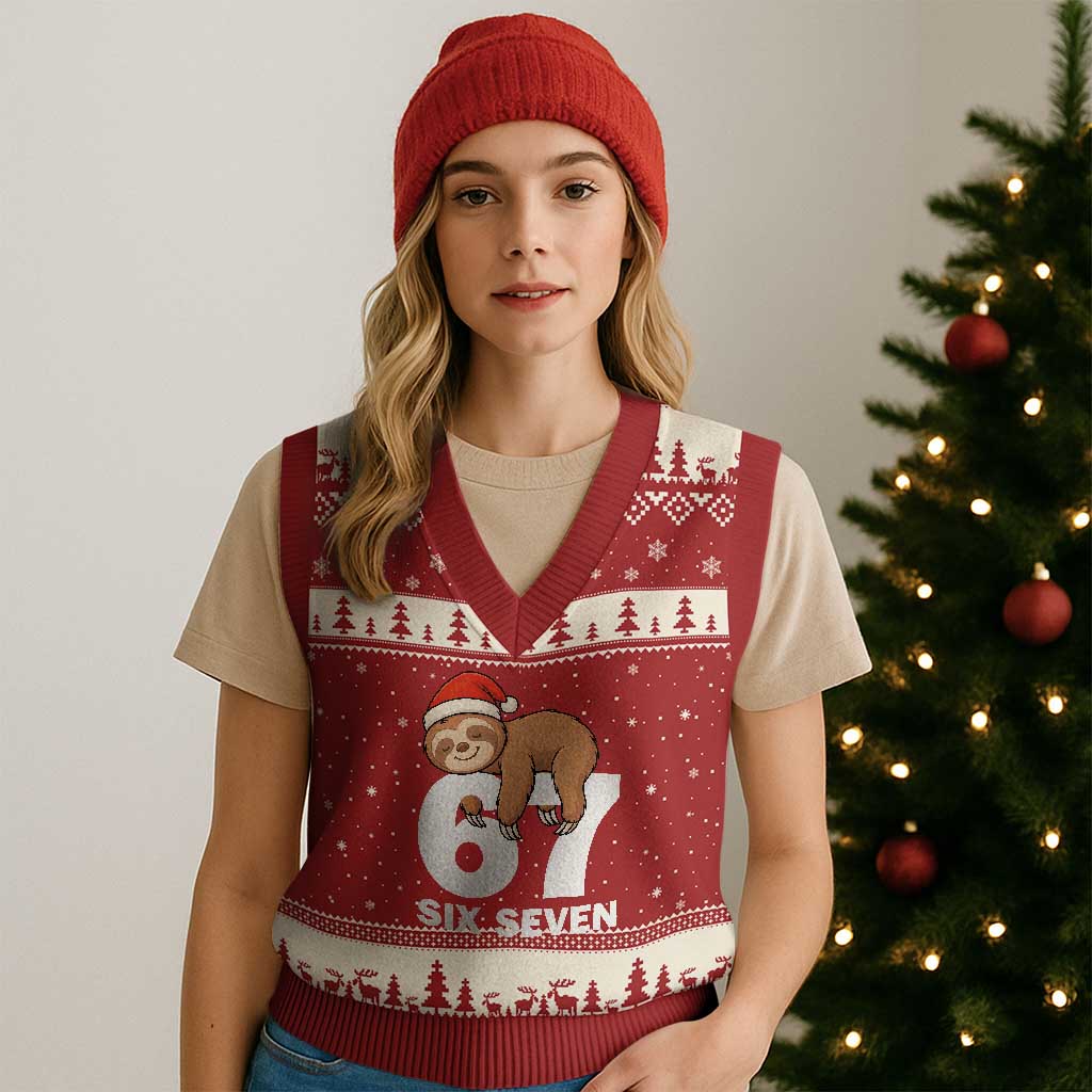 67 Six Seven V-Neck Knit Sweater Vest Funny Sloth Xmas TS14 Red Beige Print Your Wear