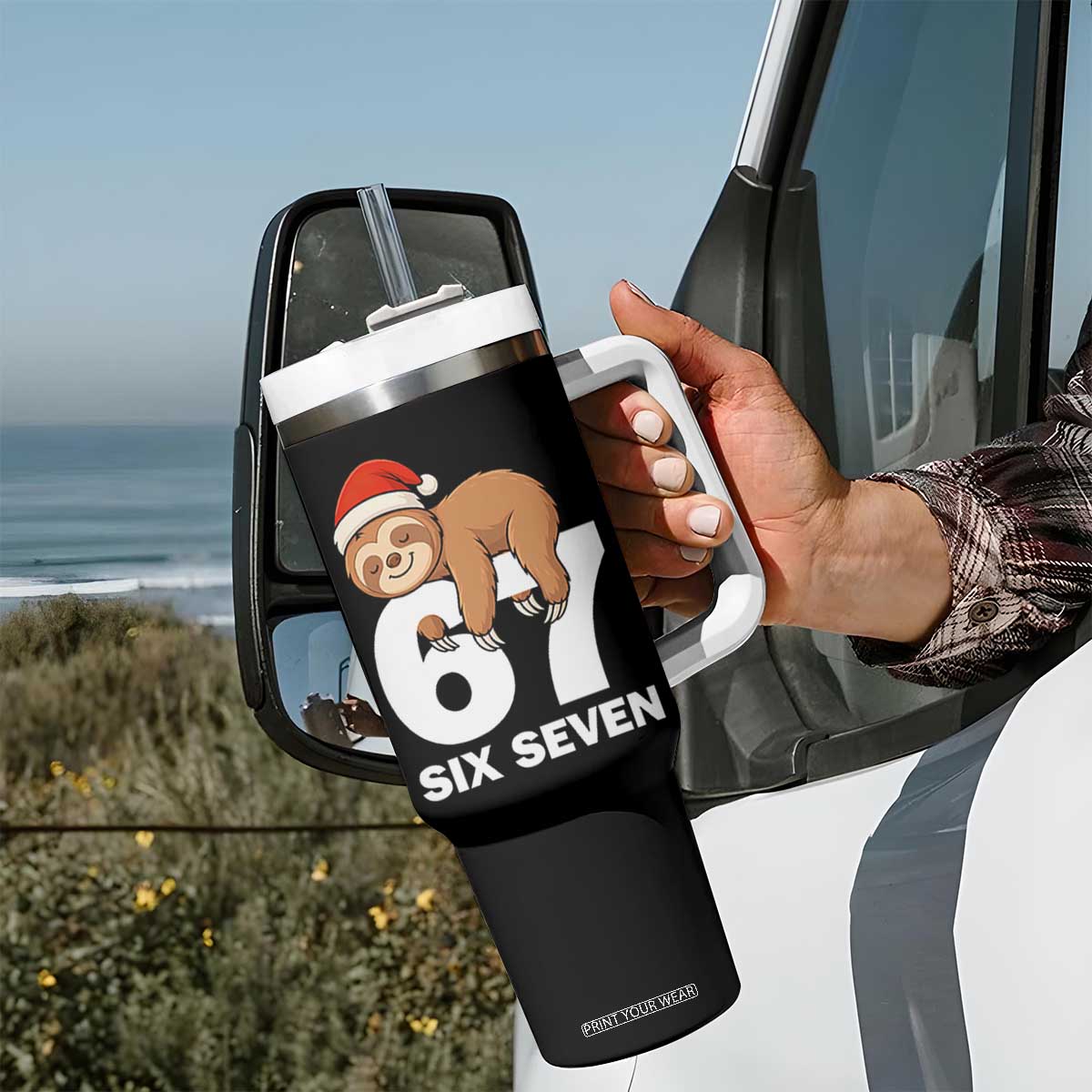 67 Six Seven Tumbler With Handle Funny Sloth Christmas TS14 Print Your Wear