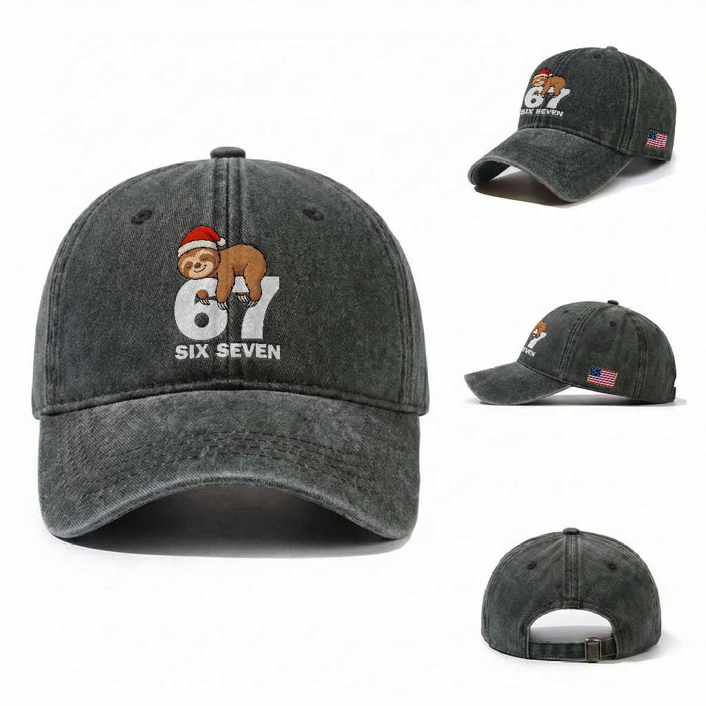 67 Six Seven Washed Cotton Baseball Cap Funny Sloth Christmas TS14 Washed Cap Universal Fit Dark Green Print Your Wear