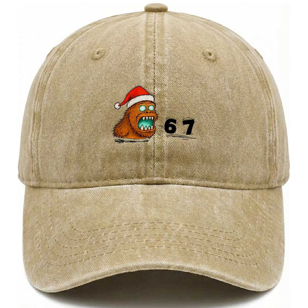 67 Six Seven Washed Cotton Baseball Cap Funny Bigfoot Christmas TS14 Washed Cap Universal Fit Khaki Print Your Wear