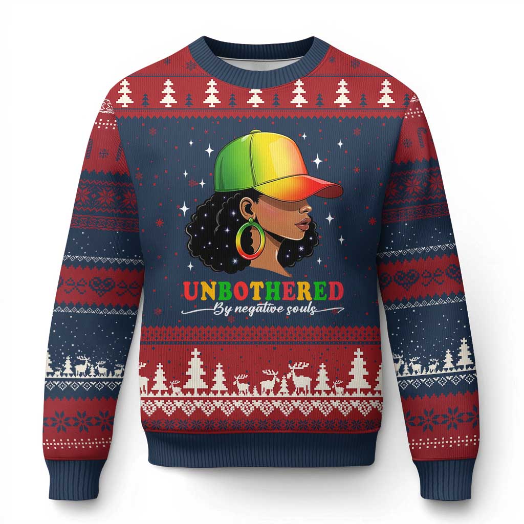 Afro African American Ugly Christmas Sweater Unbothered By Negative Souls Black Sassy Queen TS14 Navy Red Print Your Wear
