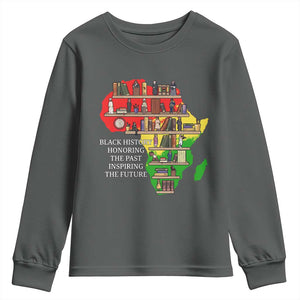 Black History Teacher Youth Sweatshirt Black History Honoring The Past Inspiring The Future TS14 Dark Heather Print Your Wear