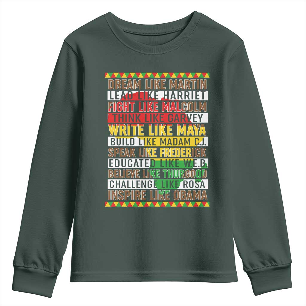 Black History Month Youth Sweatshirt Dream Like Martin Lead Like Harriet TS14 Dark Forest Green Print Your Wear