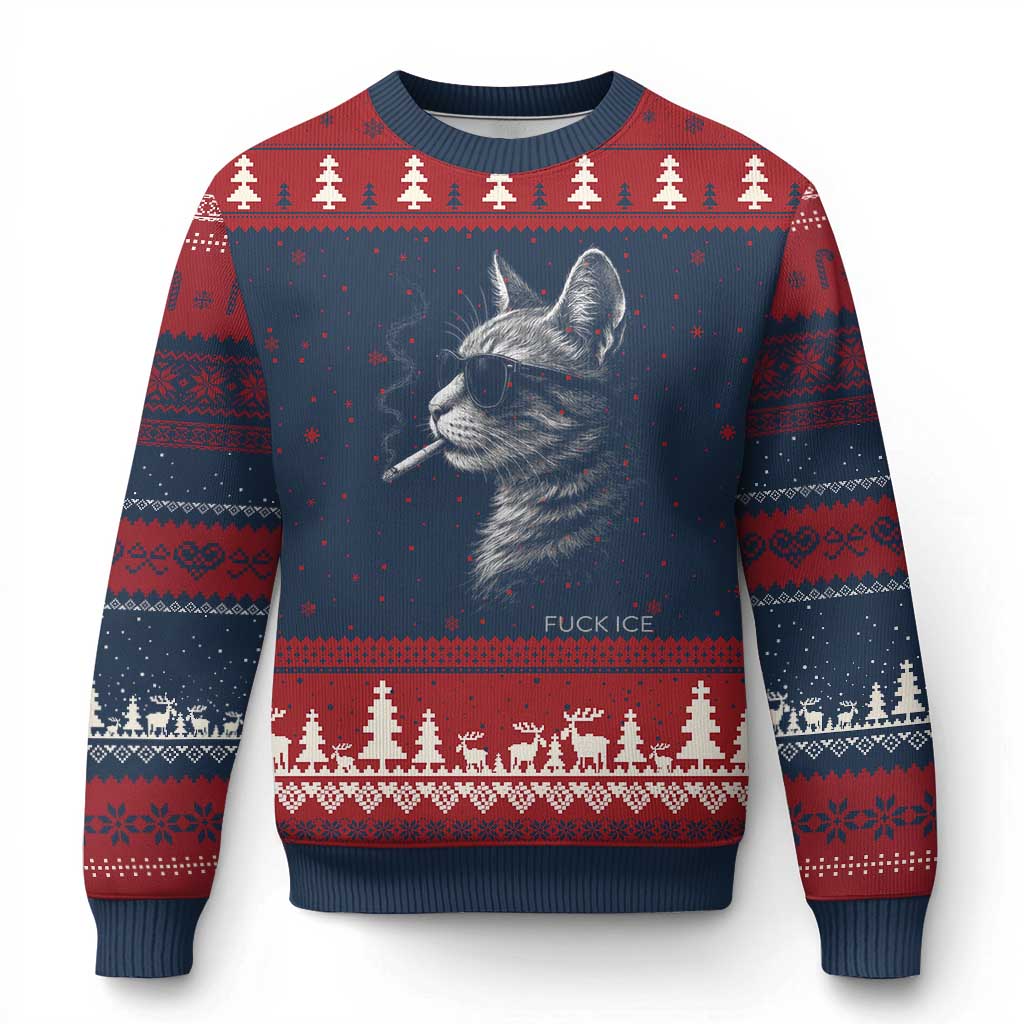 Fck Ice Ugly Christmas Sweater Funny Cat Smoking Anti ICE Meme TS14 Navy Red Print Your Wear