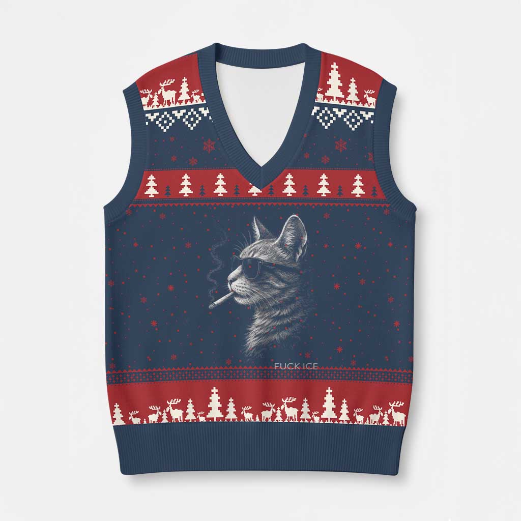 Fck Ice V-Neck Knit Sweater Vest Funny Cat Smoking Anti ICE Meme TS14 Navy Red Print Your Wear