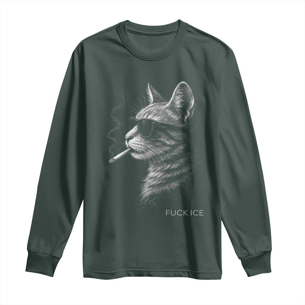 Fck Ice Long Sleeve Shirt Funny Cat Smoking Anti ICE Meme TS14 Dark Forest Green Print Your Wear