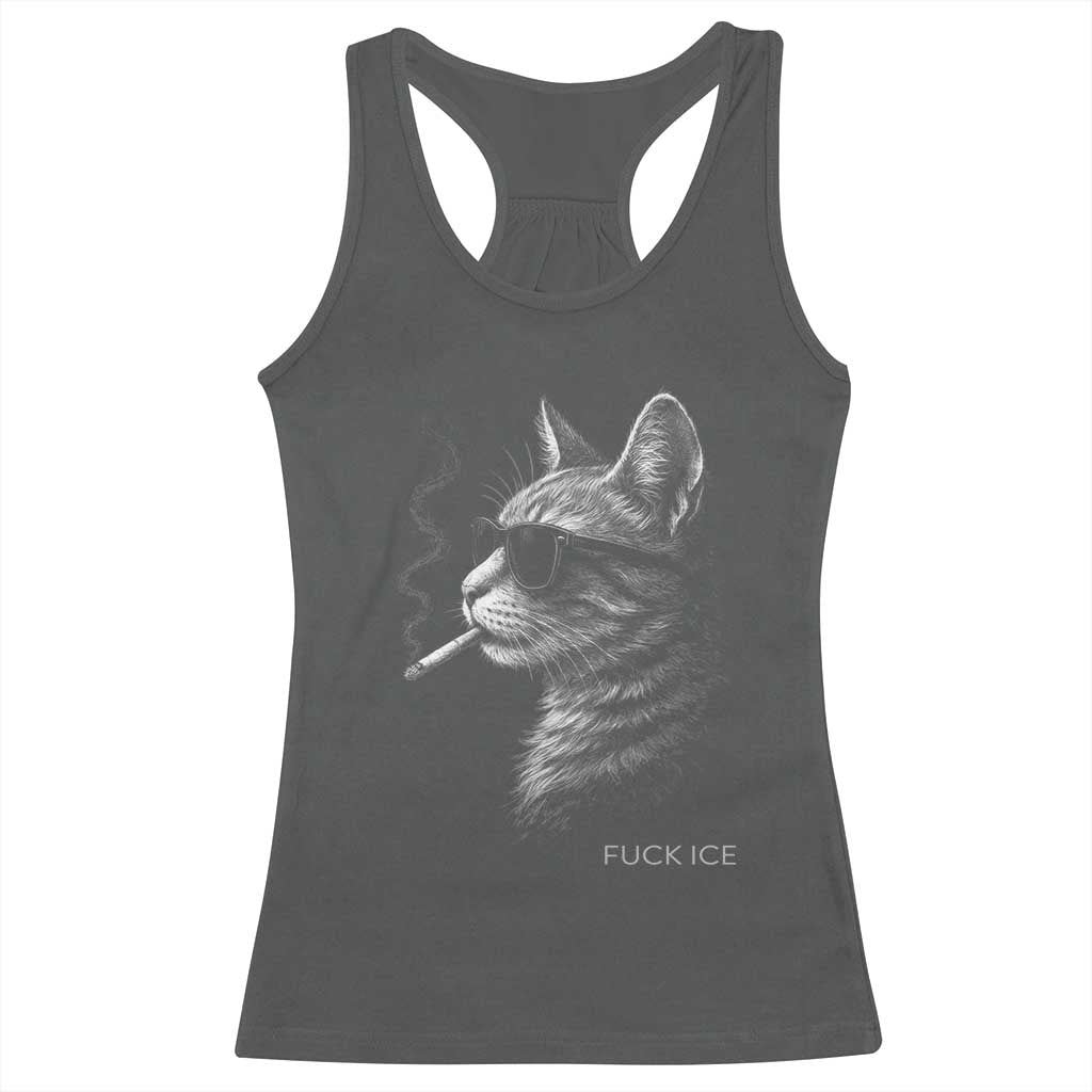 Fck Ice Racerback Tank Top Funny Cat Smoking Anti ICE Meme TS14 Dark Heather Print Your Wear