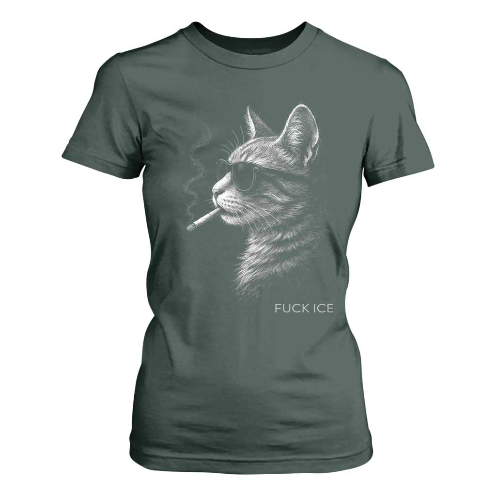 Fck Ice T Shirt For Women Funny Cat Smoking Anti ICE Meme TS14 Dark Forest Green Print Your Wear