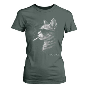 Fck Ice T Shirt For Women Funny Cat Smoking Anti ICE Meme TS14 Dark Forest Green Print Your Wear