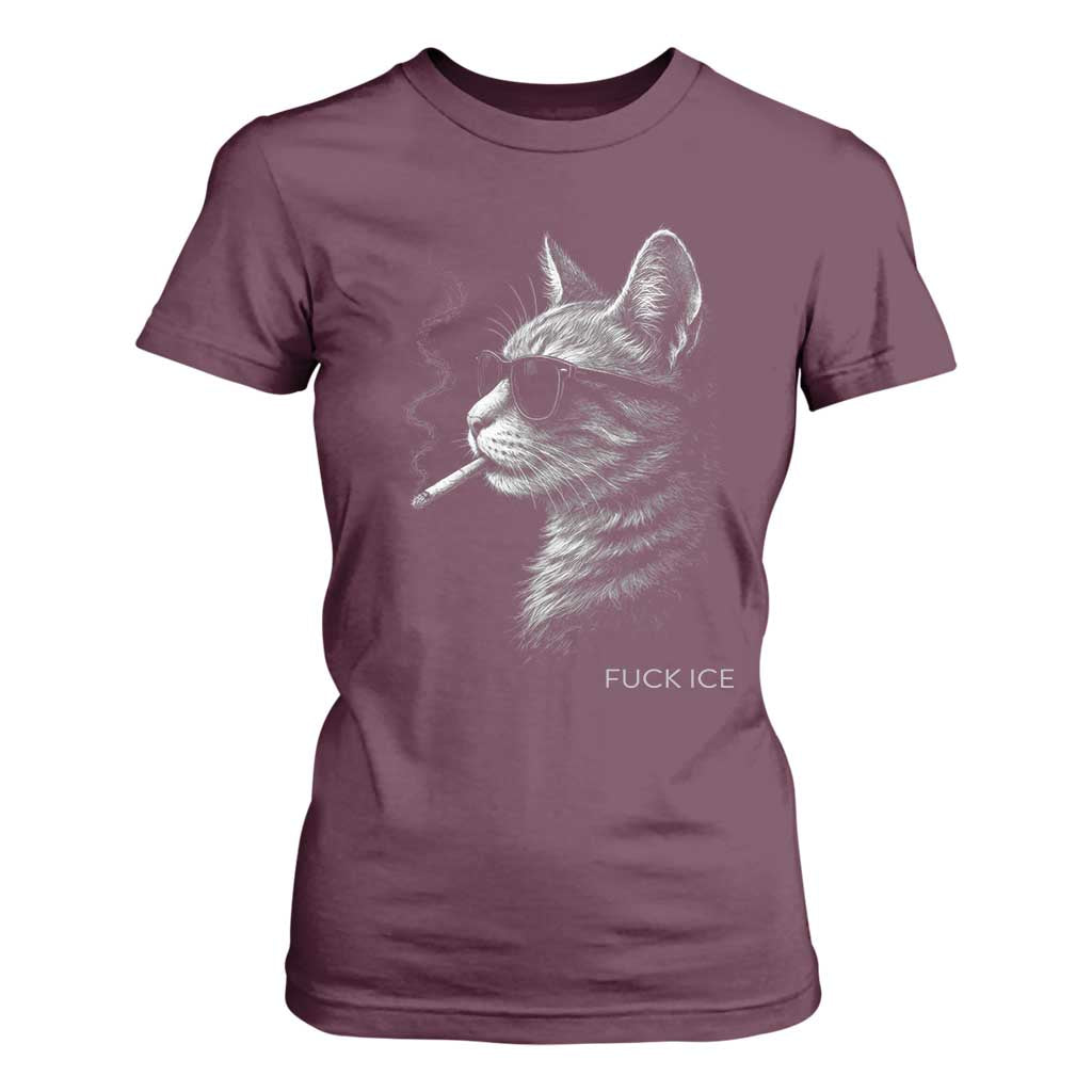 Fck Ice T Shirt For Women Funny Cat Smoking Anti ICE Meme TS14 Maroon Print Your Wear