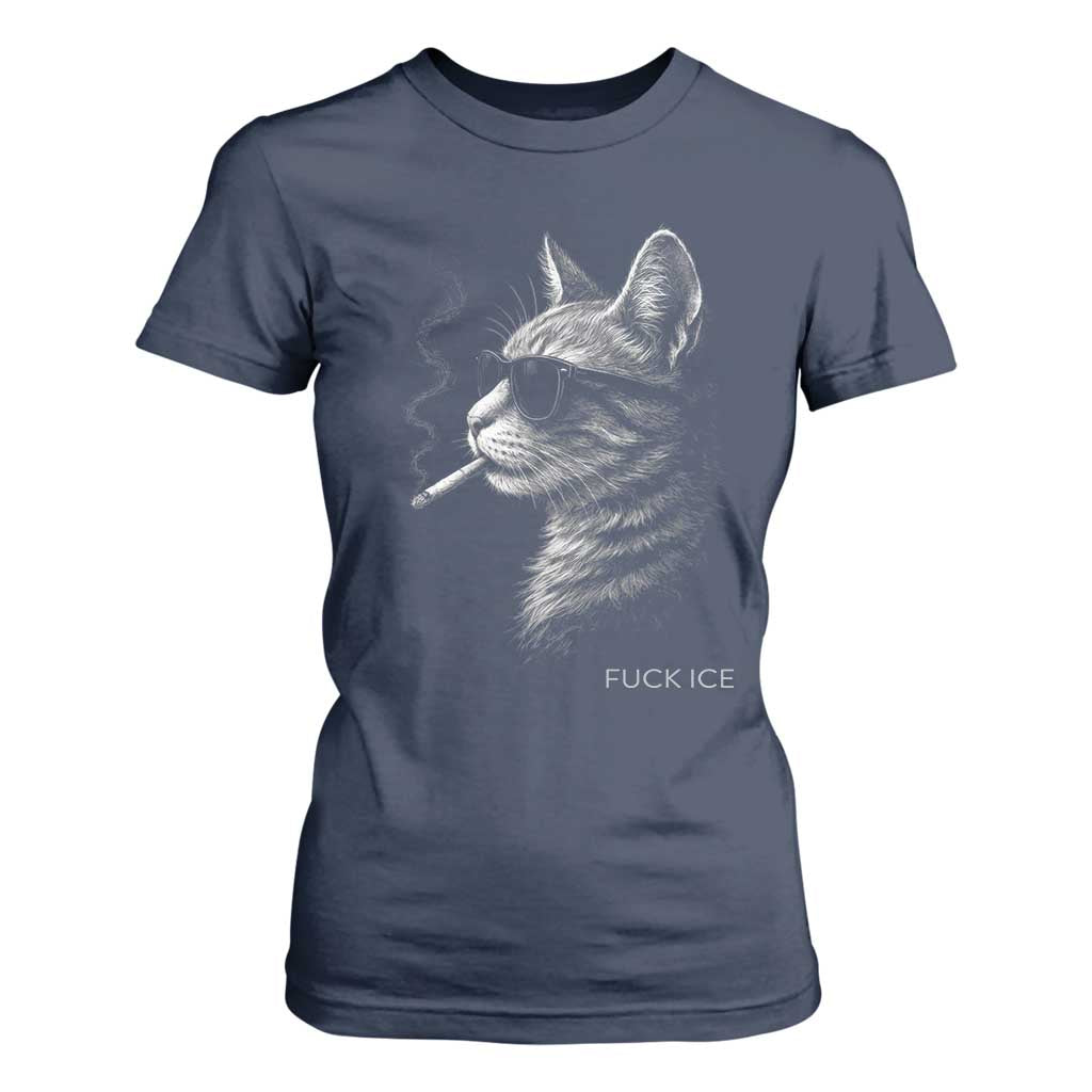 Fck Ice T Shirt For Women Funny Cat Smoking Anti ICE Meme TS14 Navy Print Your Wear