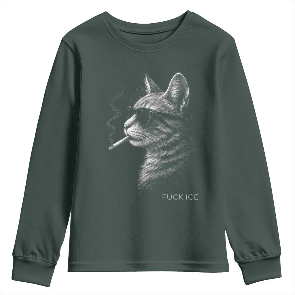 Fck Ice Youth Sweatshirt Funny Cat Smoking Anti ICE Meme TS14 Dark Forest Green Print Your Wear