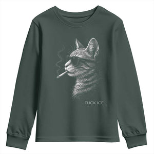 Fck Ice Youth Sweatshirt Funny Cat Smoking Anti ICE Meme TS14 Dark Forest Green Print Your Wear
