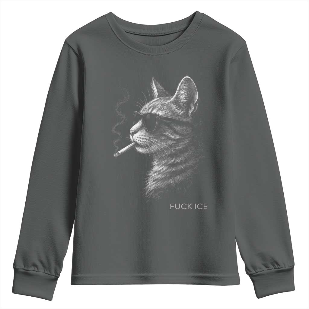 Fck Ice Youth Sweatshirt Funny Cat Smoking Anti ICE Meme TS14 Dark Heather Print Your Wear