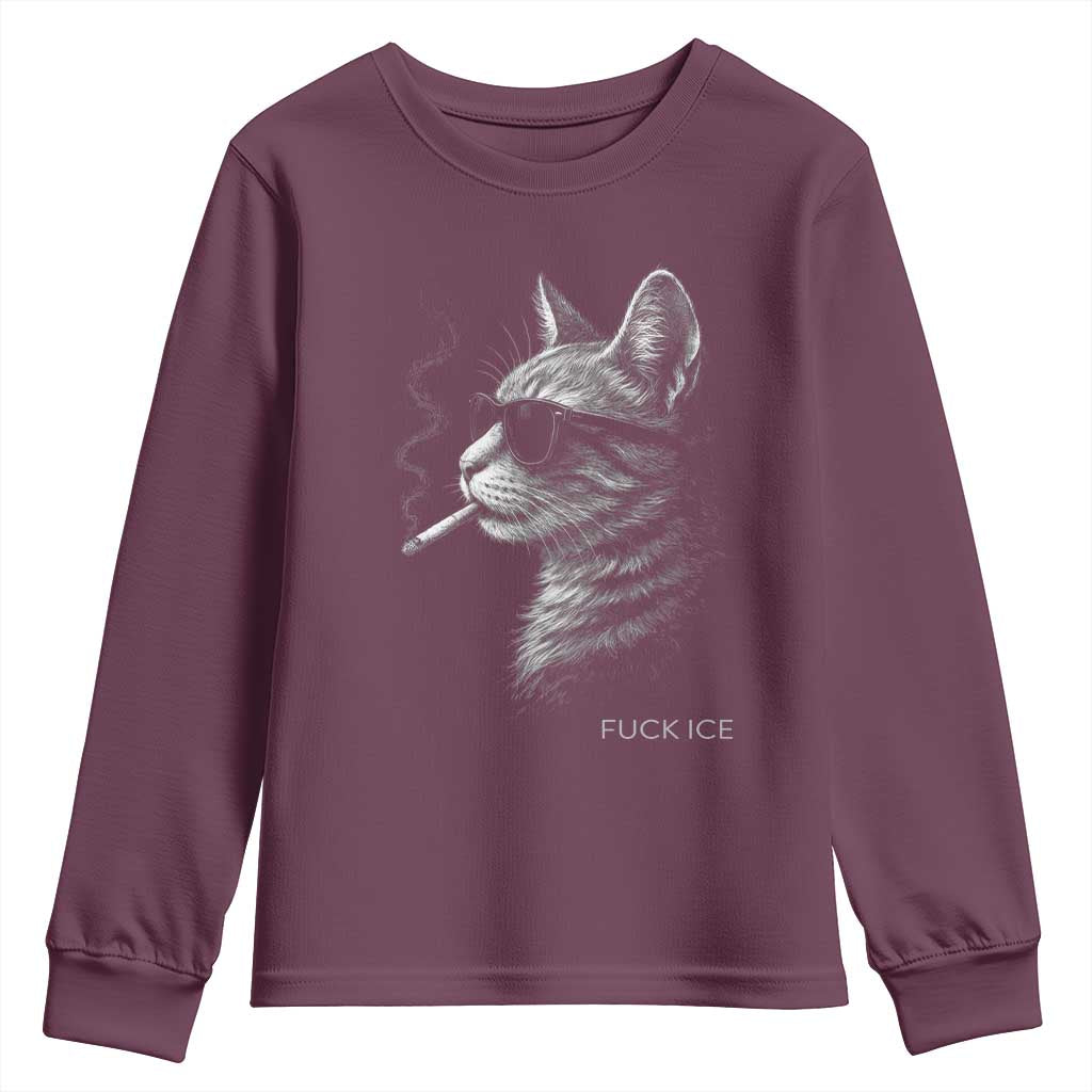 Fck Ice Youth Sweatshirt Funny Cat Smoking Anti ICE Meme TS14 Maroon Print Your Wear