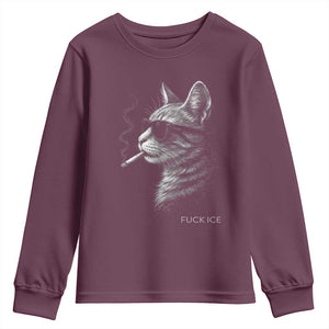 Fck Ice Youth Sweatshirt Funny Cat Smoking Anti ICE Meme TS14 Maroon Print Your Wear