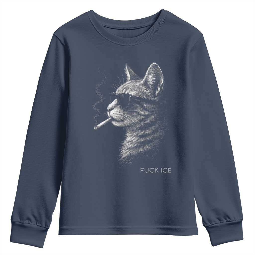 Fck Ice Youth Sweatshirt Funny Cat Smoking Anti ICE Meme TS14 Navy Print Your Wear