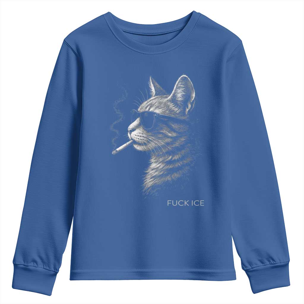 Fck Ice Youth Sweatshirt Funny Cat Smoking Anti ICE Meme TS14 Royal Blue Print Your Wear