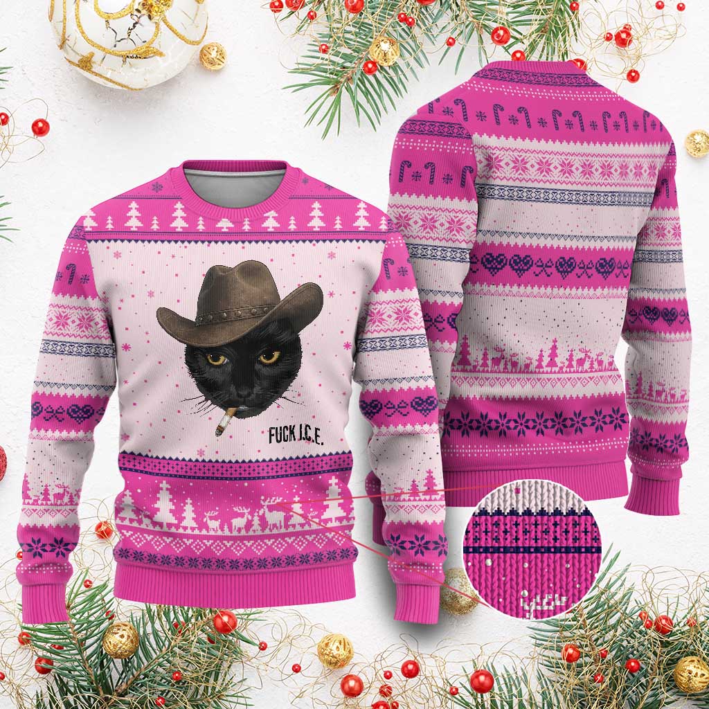 Funny Cowboy Cat Smoking Anti ICE Protest Meme Ugly Christmas Sweater TS14 Hot Pink Print Your Wear