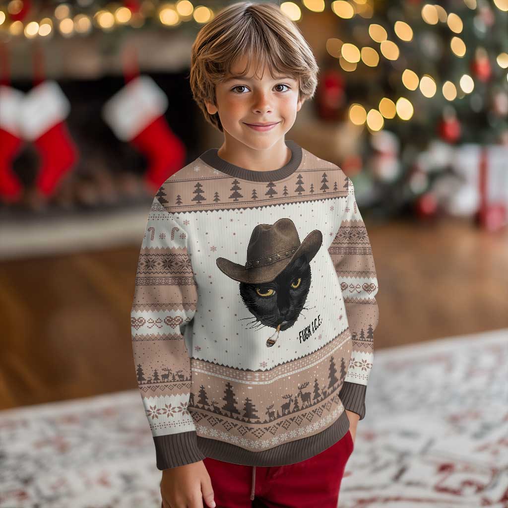 Funny Cowboy Cat Smoking Anti ICE Protest Meme Ugly Christmas Sweater TS14 Mocha Mousse Print Your Wear