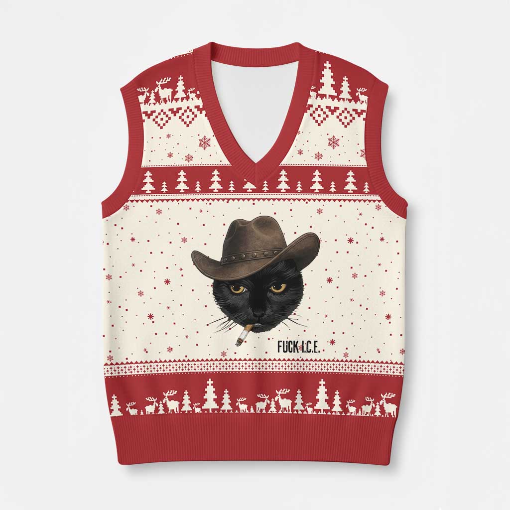 Funny Cowboy Cat Smoking Anti ICE Protest Meme V-Neck Knit Sweater Vest TS14 Beige Red Print Your Wear