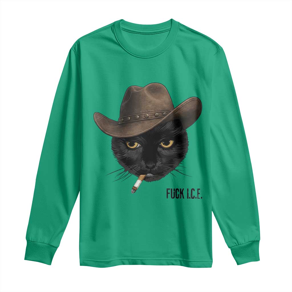 Funny Cowboy Cat Smoking Anti ICE Protest Meme Long Sleeve Shirt TS14 Irish Green Print Your Wear