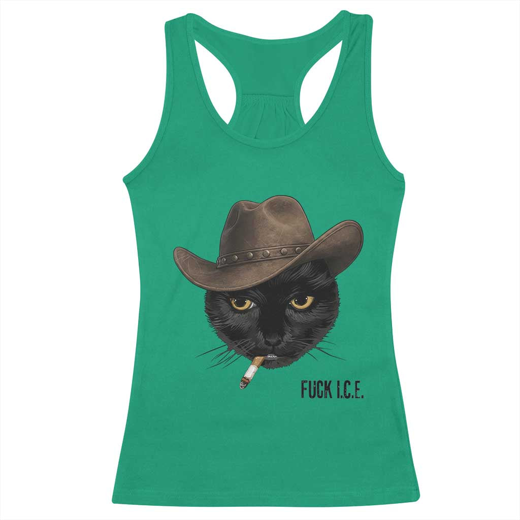 Funny Cowboy Cat Smoking Anti ICE Protest Meme Racerback Tank Top TS14 Irish Green Print Your Wear