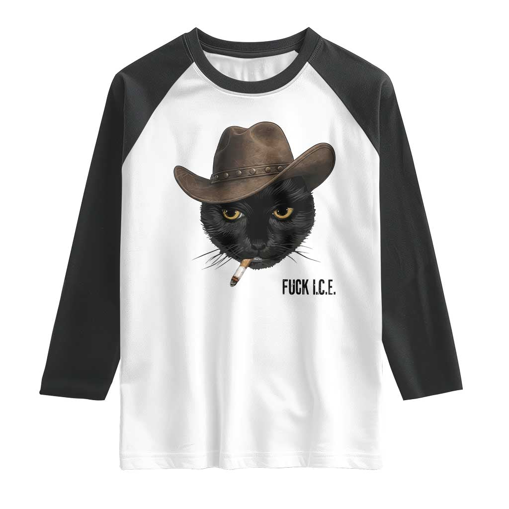 Funny Cowboy Cat Smoking Anti ICE Protest Meme Raglan Shirt TS14 White Black Print Your Wear