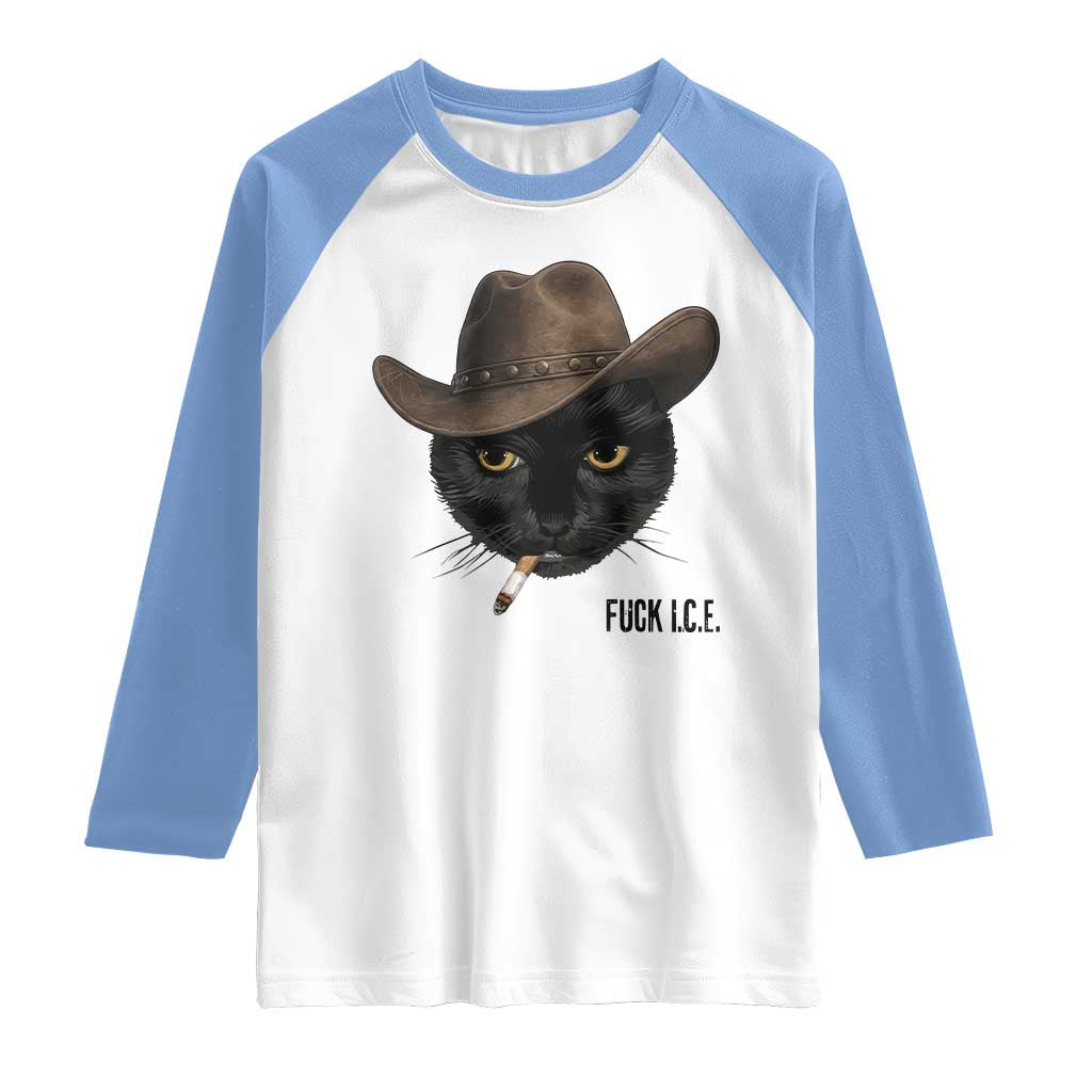 Funny Cowboy Cat Smoking Anti ICE Protest Meme Raglan Shirt TS14 White Carolina Blue Print Your Wear