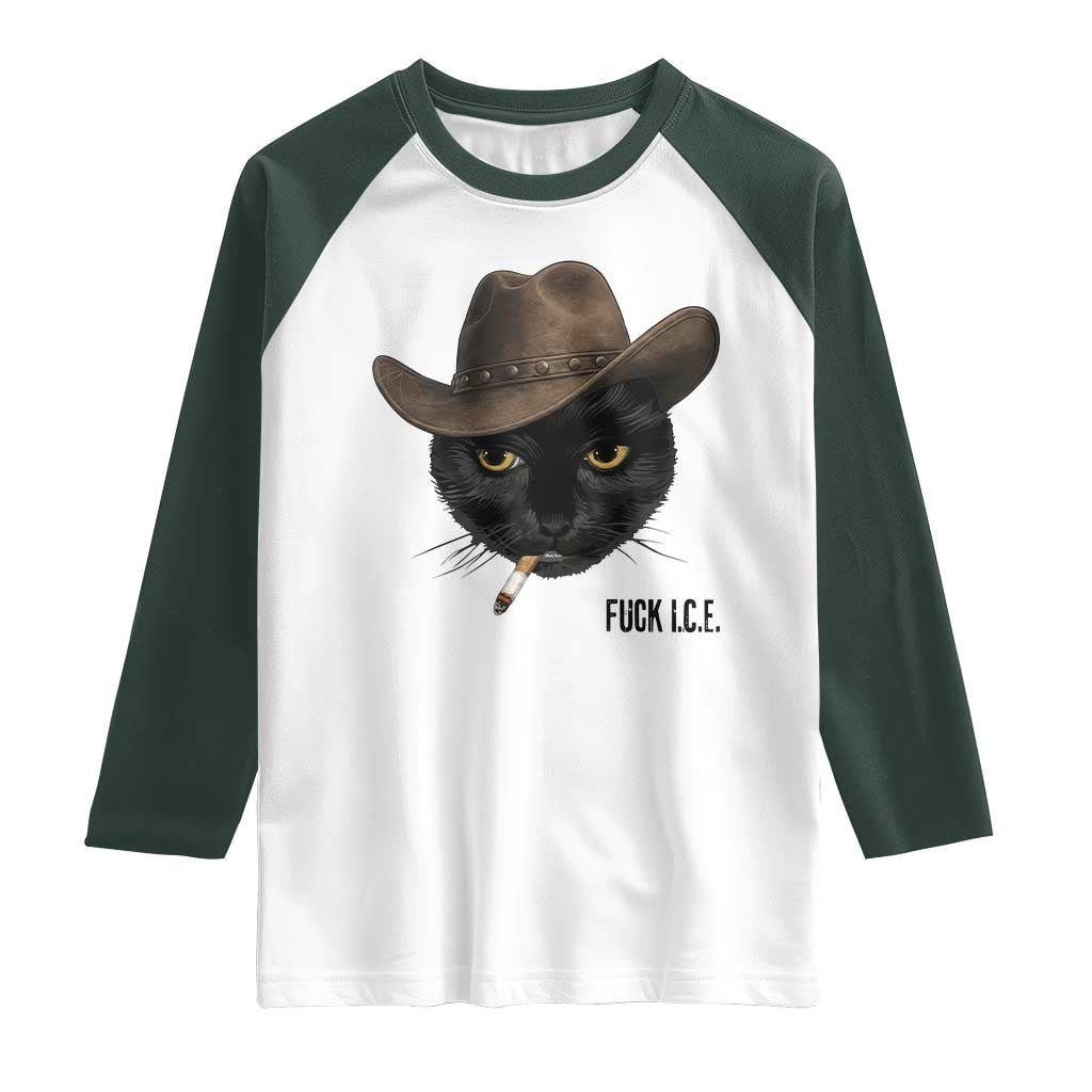 Funny Cowboy Cat Smoking Anti ICE Protest Meme Raglan Shirt TS14 White Dark Forest Green Print Your Wear