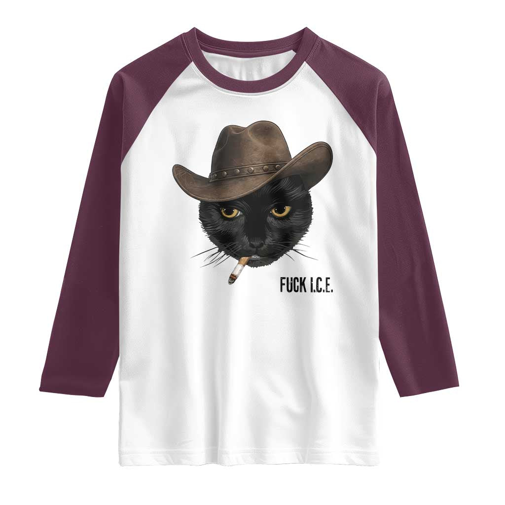 Funny Cowboy Cat Smoking Anti ICE Protest Meme Raglan Shirt TS14 White Maroon Print Your Wear