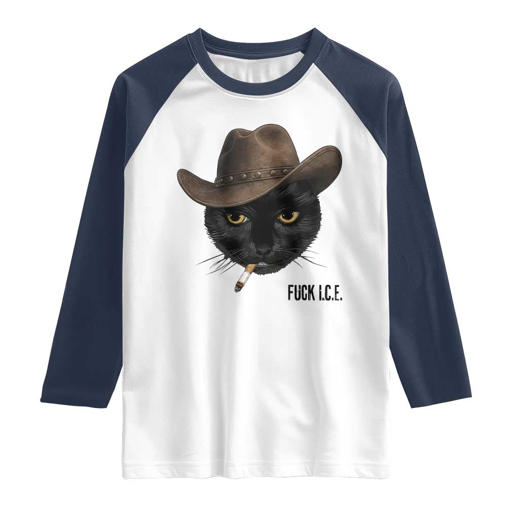 Funny Cowboy Cat Smoking Anti ICE Protest Meme Raglan Shirt TS14 White Navy Print Your Wear