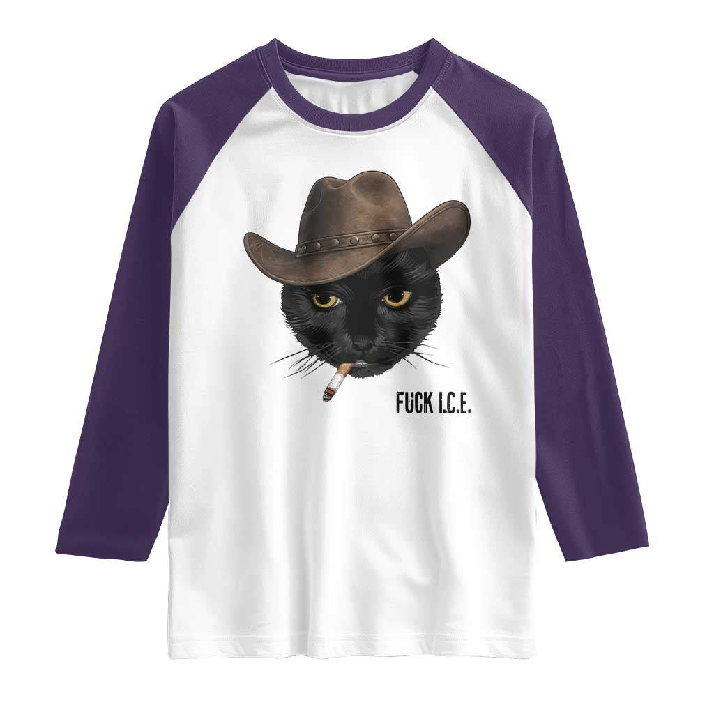 Funny Cowboy Cat Smoking Anti ICE Protest Meme Raglan Shirt TS14 White Purple Print Your Wear