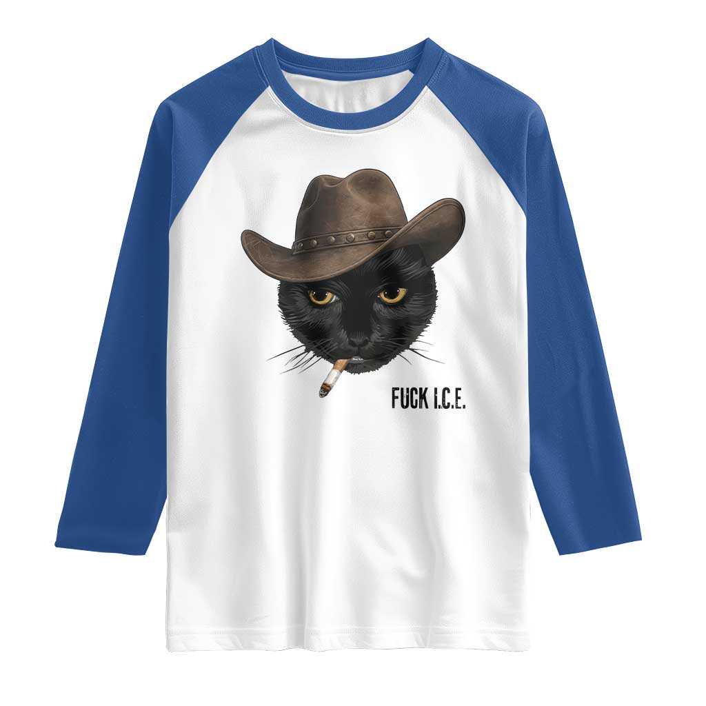 Funny Cowboy Cat Smoking Anti ICE Protest Meme Raglan Shirt TS14 White Royal Print Your Wear