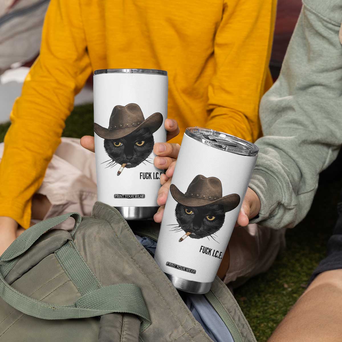 Funny Cowboy Cat Smoking Anti ICE Protest Meme Tumbler Cup TS14 Print Your Wear