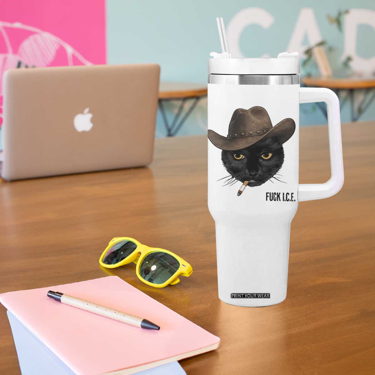 Funny Cowboy Cat Smoking Anti ICE Protest Meme Tumbler With Handle TS14 Print Your Wear