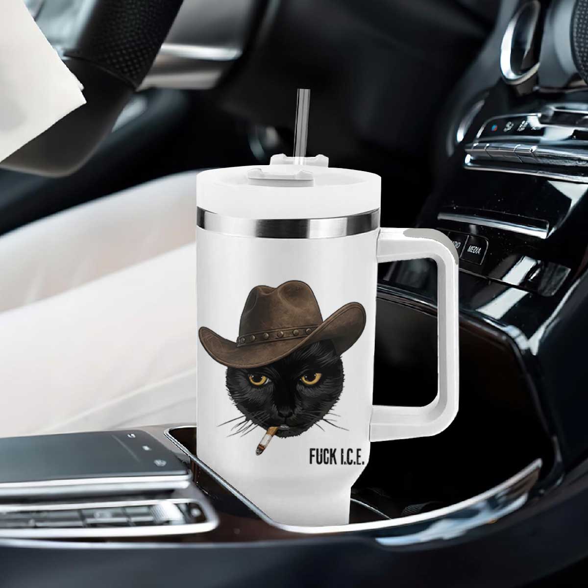 Funny Cowboy Cat Smoking Anti ICE Protest Meme Tumbler With Handle TS14 Print Your Wear