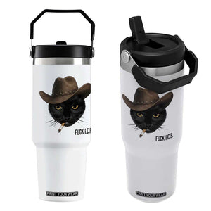 Funny Cowboy Cat Smoking Anti ICE Protest Meme Flip Straw Tumbler TS14 One Size: 30 oz White Print Your Wear