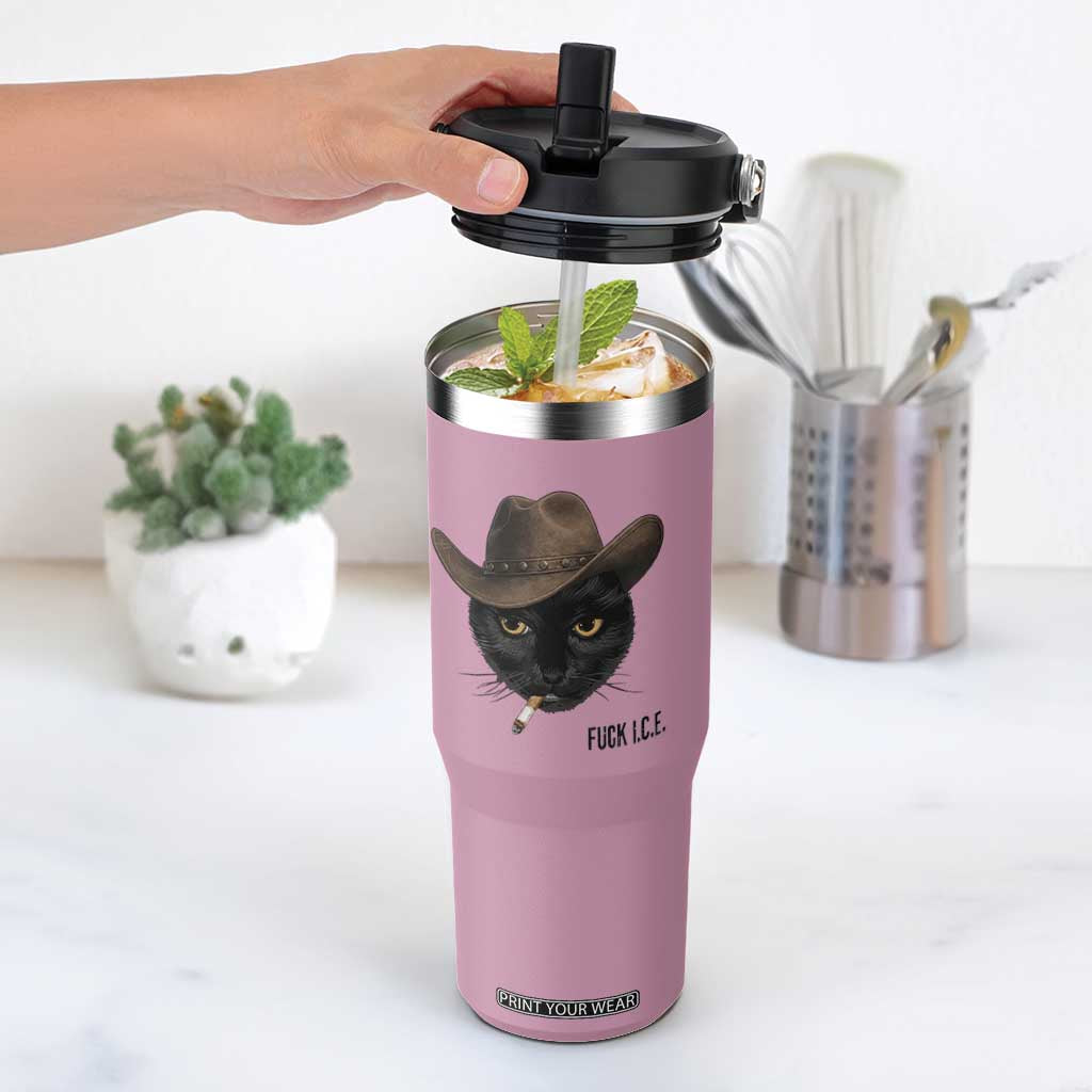 Funny Cowboy Cat Smoking Anti ICE Protest Meme Flip Straw Tumbler TS14 One Size: 30 oz Light Pink Print Your Wear