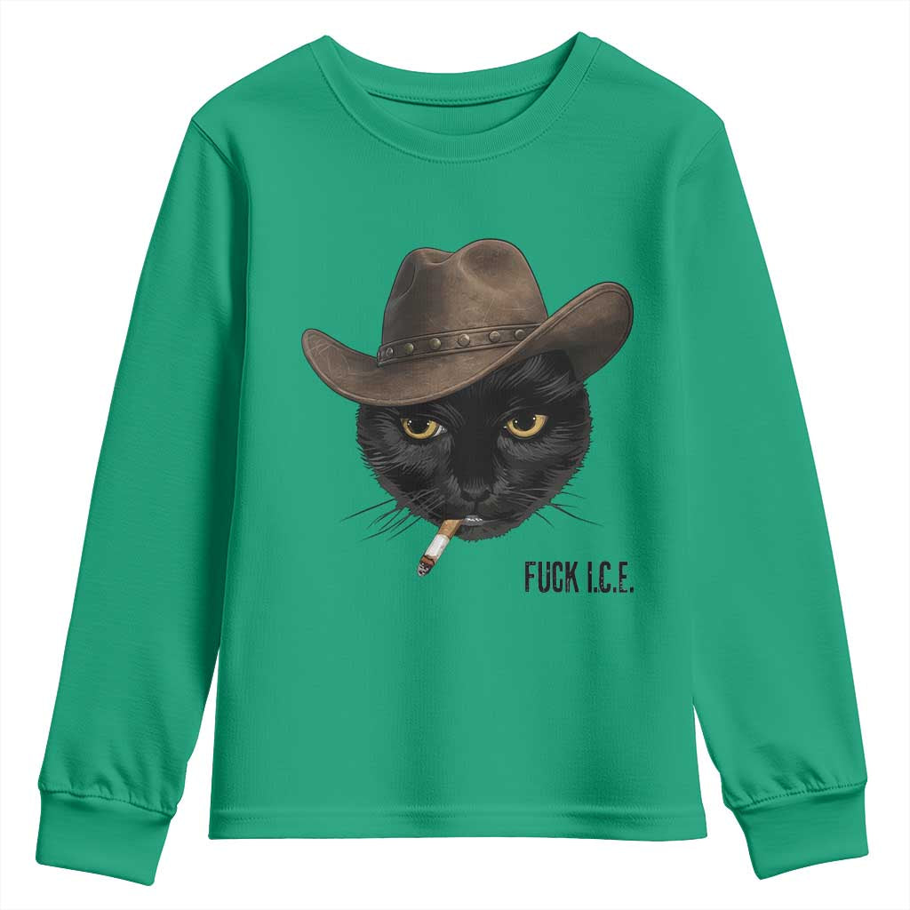 Funny Cowboy Cat Smoking Anti ICE Protest Meme Youth Sweatshirt TS14 Irish Green Print Your Wear