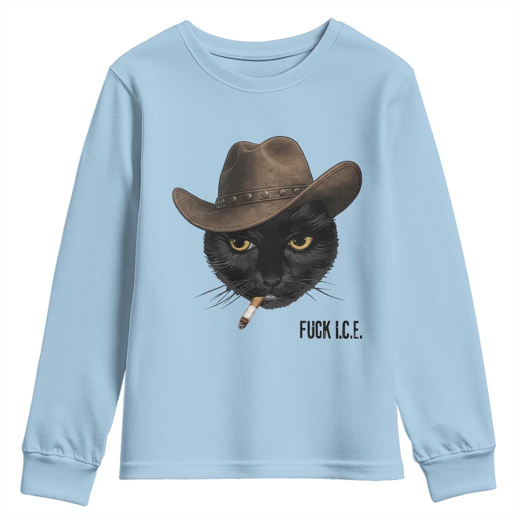 Funny Cowboy Cat Smoking Anti ICE Protest Meme Youth Sweatshirt TS14 Light Blue Print Your Wear