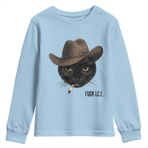 Funny Cowboy Cat Smoking Anti ICE Protest Meme Youth Sweatshirt TS14 Light Blue Print Your Wear