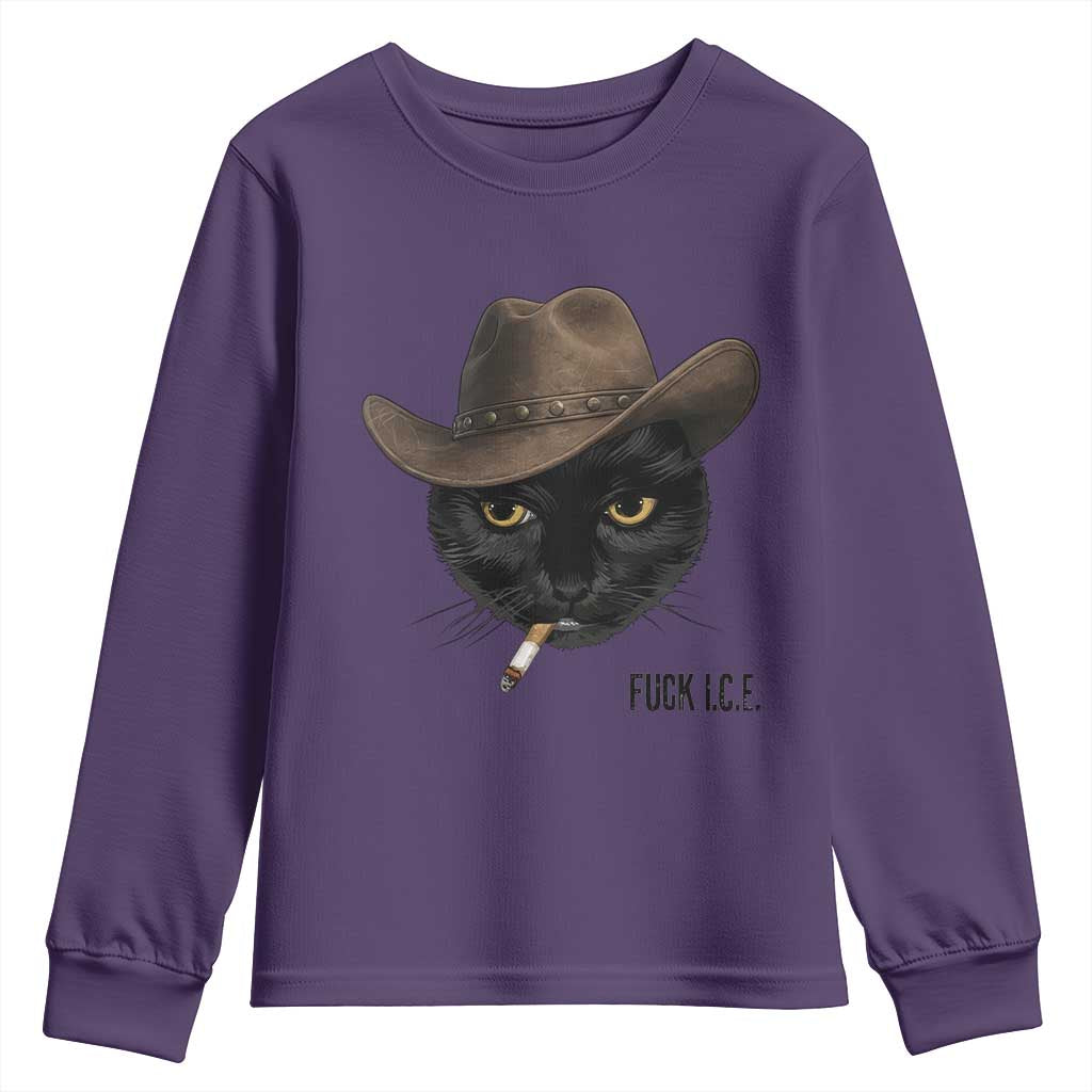 Funny Cowboy Cat Smoking Anti ICE Protest Meme Youth Sweatshirt TS14 Purple Print Your Wear